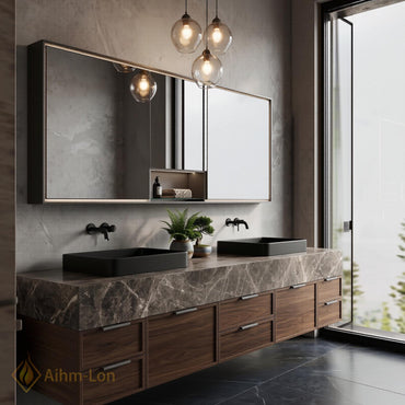60''-96'' Double Bathroom Vanity with Sink Dark Walnut Grain Floating Open Shelving