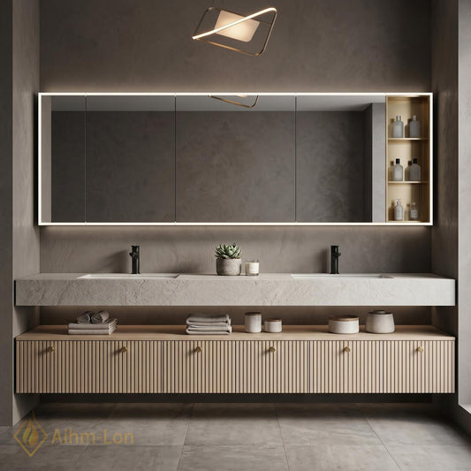 60''-96'' Floating Bathroom Vanity with Sink Slatted Doors Stone-Like Top Open Shelving