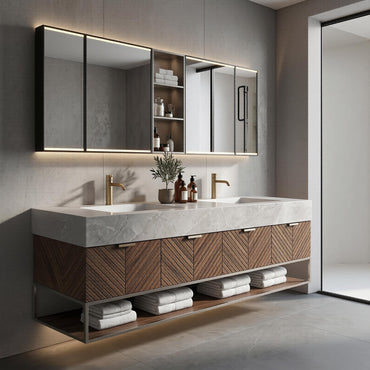 60''-96'' Double Bathroom Vanity with Sink Modern Floating Herringbone Wood Marble Texture