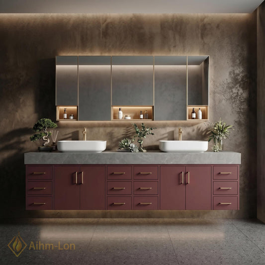 78''-96'' Double Bathroom Vanity with Sink Floating Double Burgundy Finish Muted Spacious