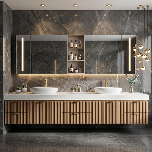 60''-96'' Double Bathroom Vanity with Sink Modern Floating Slatted Front Warm Oak Finish