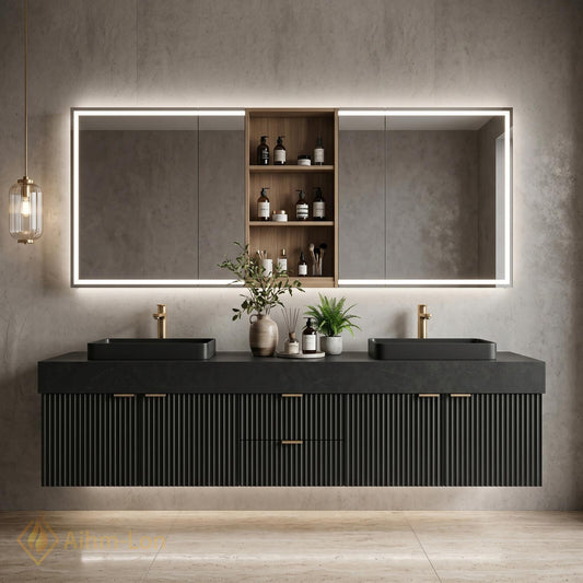 60''-96'' Double Bathroom Vanity with Sink Modern Dark Charcoal Ribbed Panels Mirror Storage