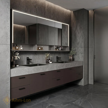 70''-96'' Double Bathroom Vanity with Sink Dark Stone Finish Slatted Center Panel