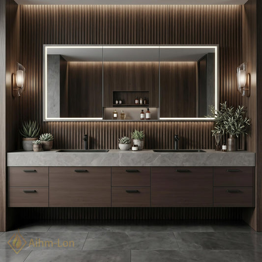 60''-96'' Double Bathroom Vanity with Sink Geometric Slatted Doors Dark Stone Countertop