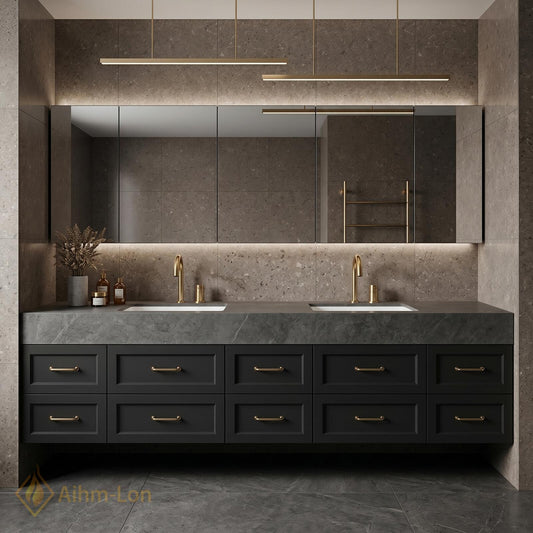 60''-96'' Double Bathroom Vanity with Sink Matte Charcoal Finish Stone Top
