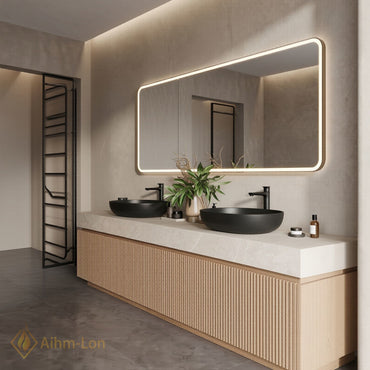 60''-96'' Double Bathroom Vanity with Sink Light Wood Finish Marble Top Contemporary