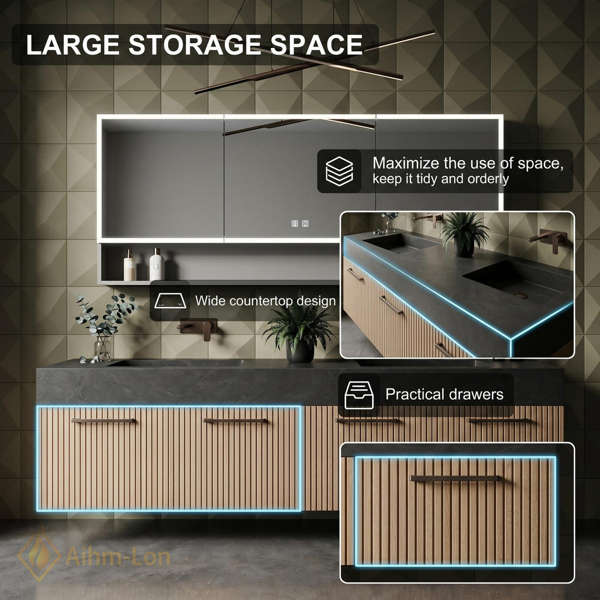 60''-96'' Double Bathroom Vanity with Sink Modern Floating Dark Stone Top Slatted