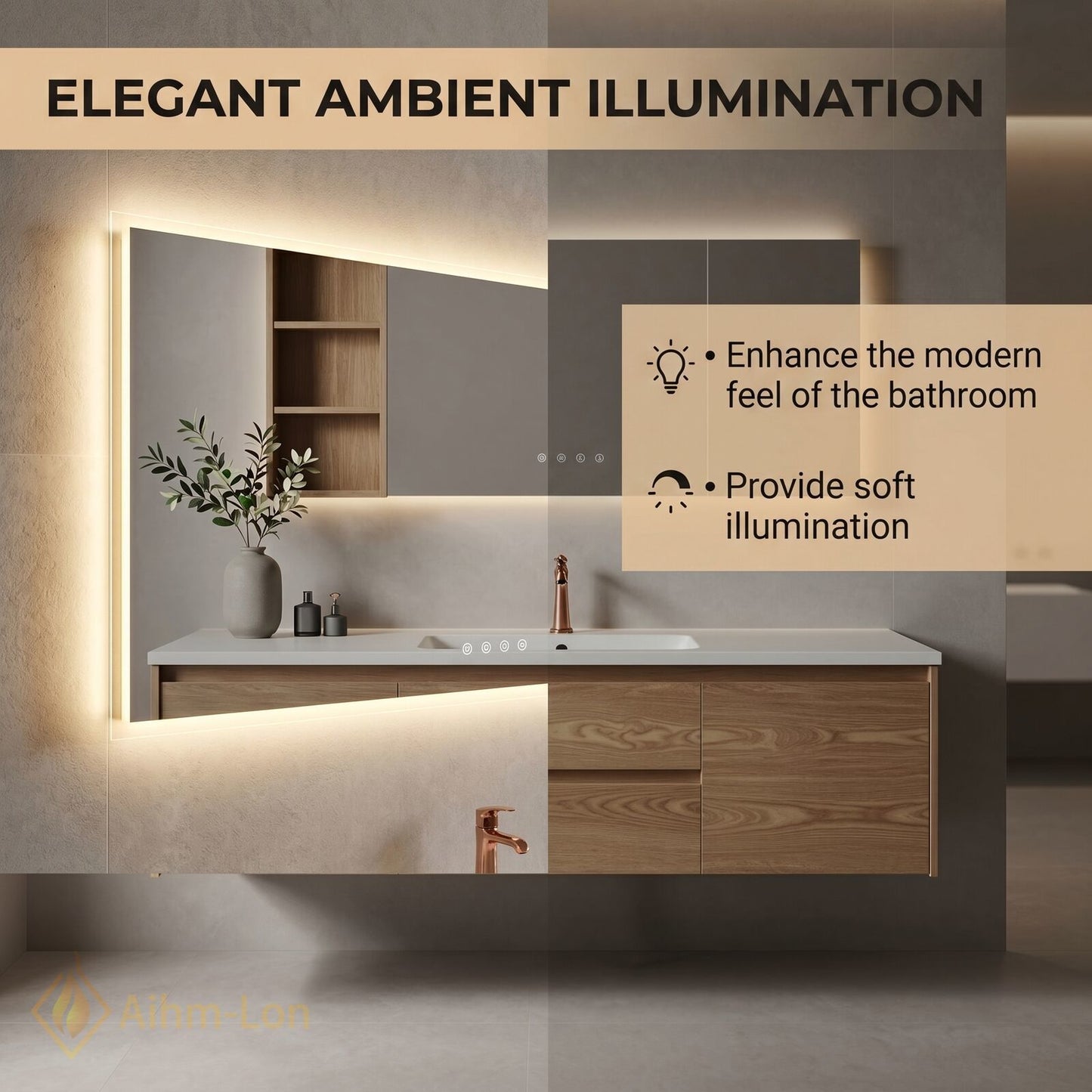 36''-64'' Floating Bathroom Vanity with Sink Sleek Natural Oak Grain Mirror Cabinet