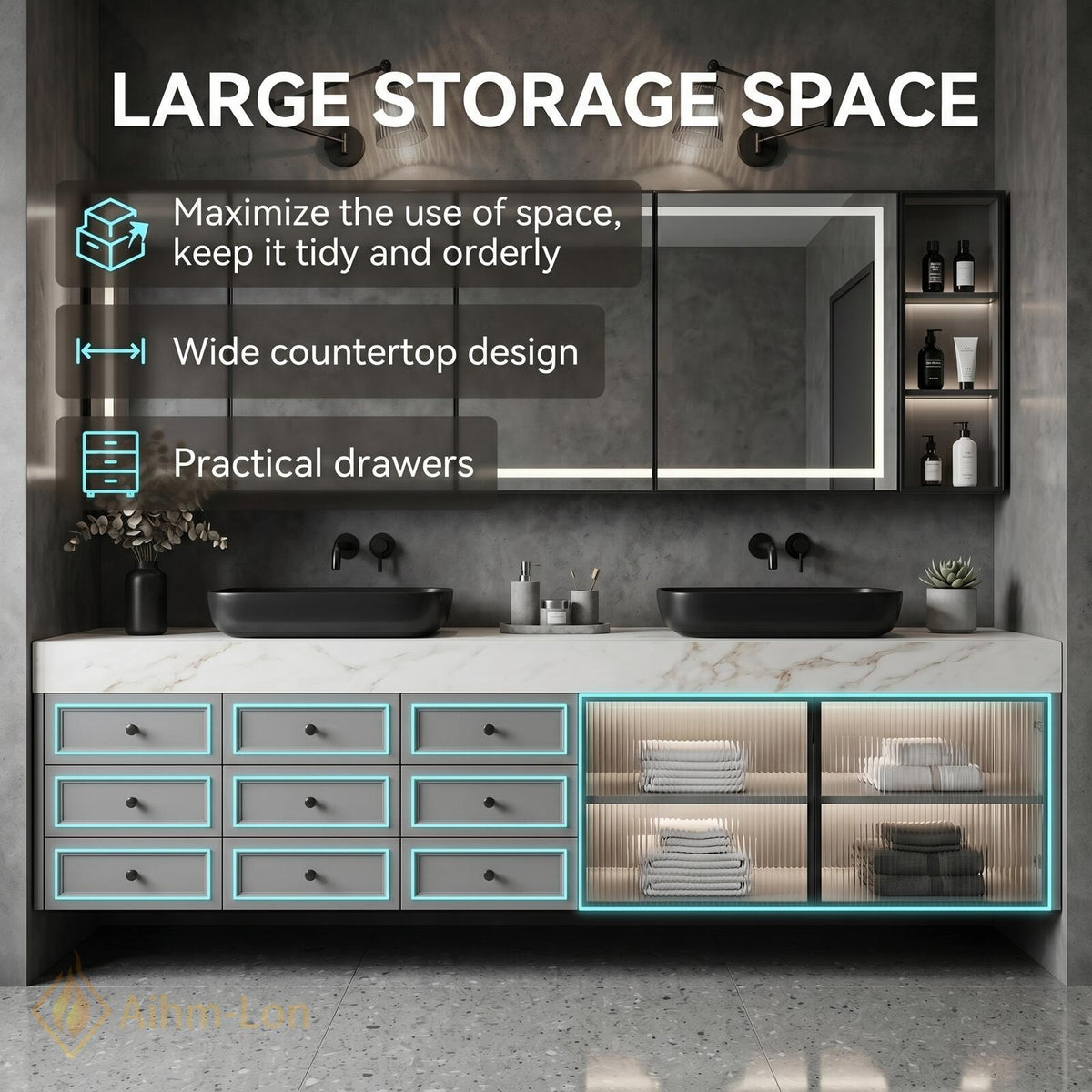 60''-96'' Double Bathroom Vanity with Sink Modern Floating White Marble Glass Doors