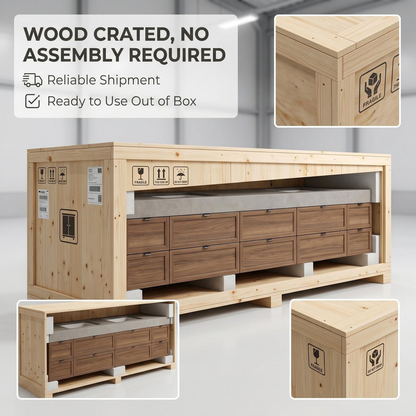 70''-96'' Modern Bathroom Vanity with Sink Double Sink Dark Walnut Slatted Shelf Cabinet