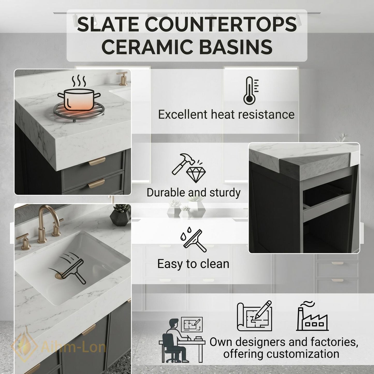76''-96'' Modern Double Bathroom Vanity with Sink Floating Thick Stone Charcoal Finish