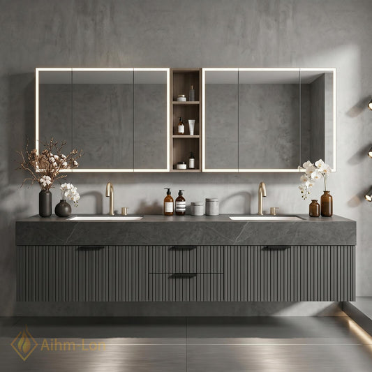 60''-96'' Double Bathroom Vanity with Sink Modern Stone Top Slatted Mirror Storage