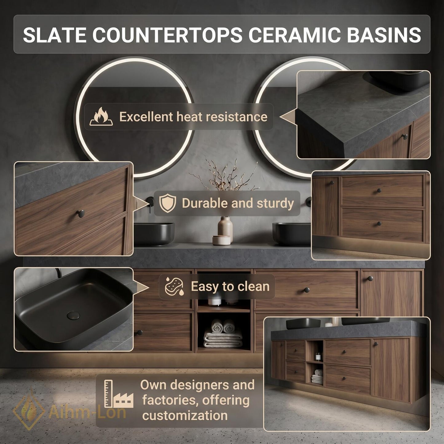 60''-96'' Double Bathroom Vanity with Sink Warm-Walnut Wood Modern Floating Grain
