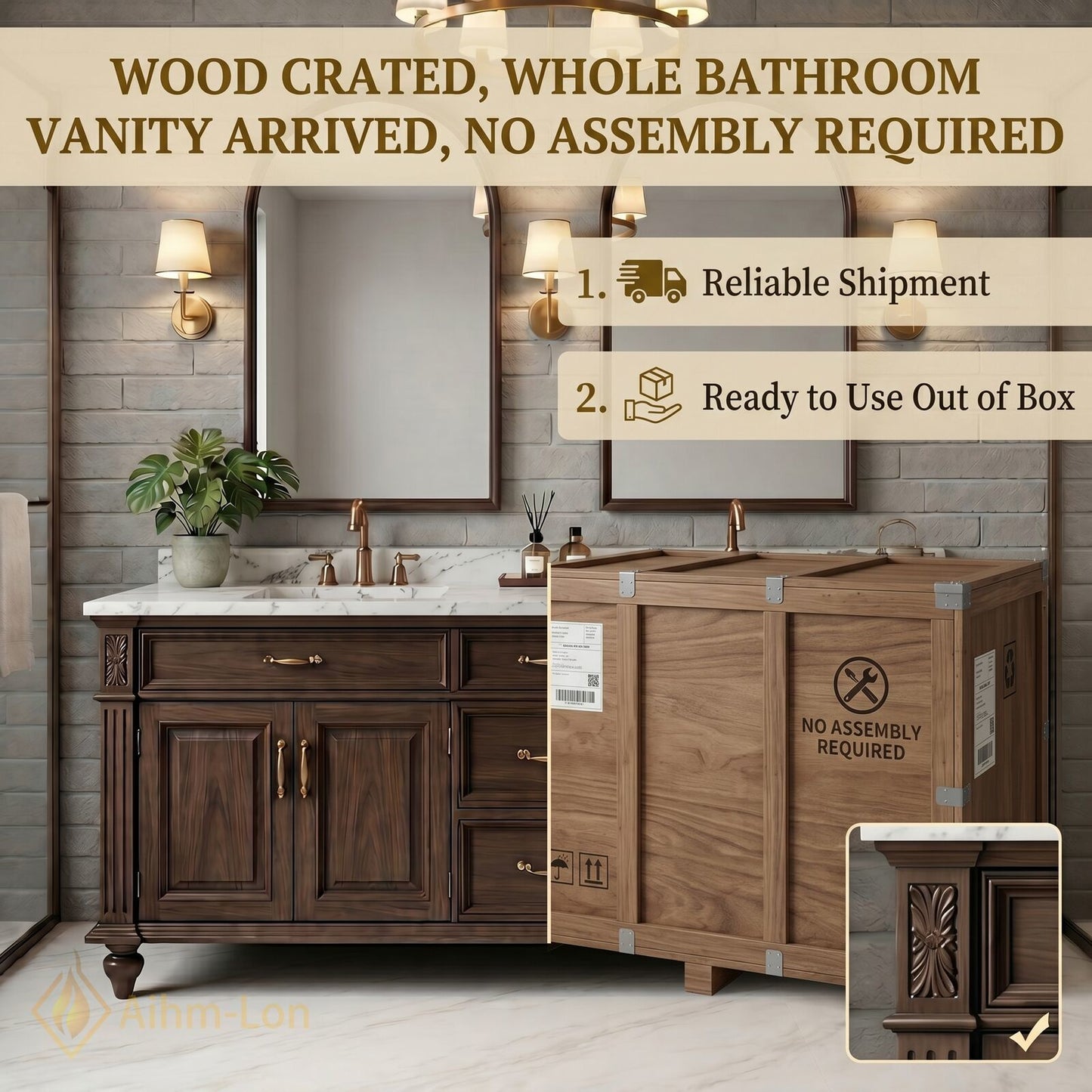 76''-96'' Classic Bathroom Vanity with Sink Carved Wood Dark Marble Arched Mirrors