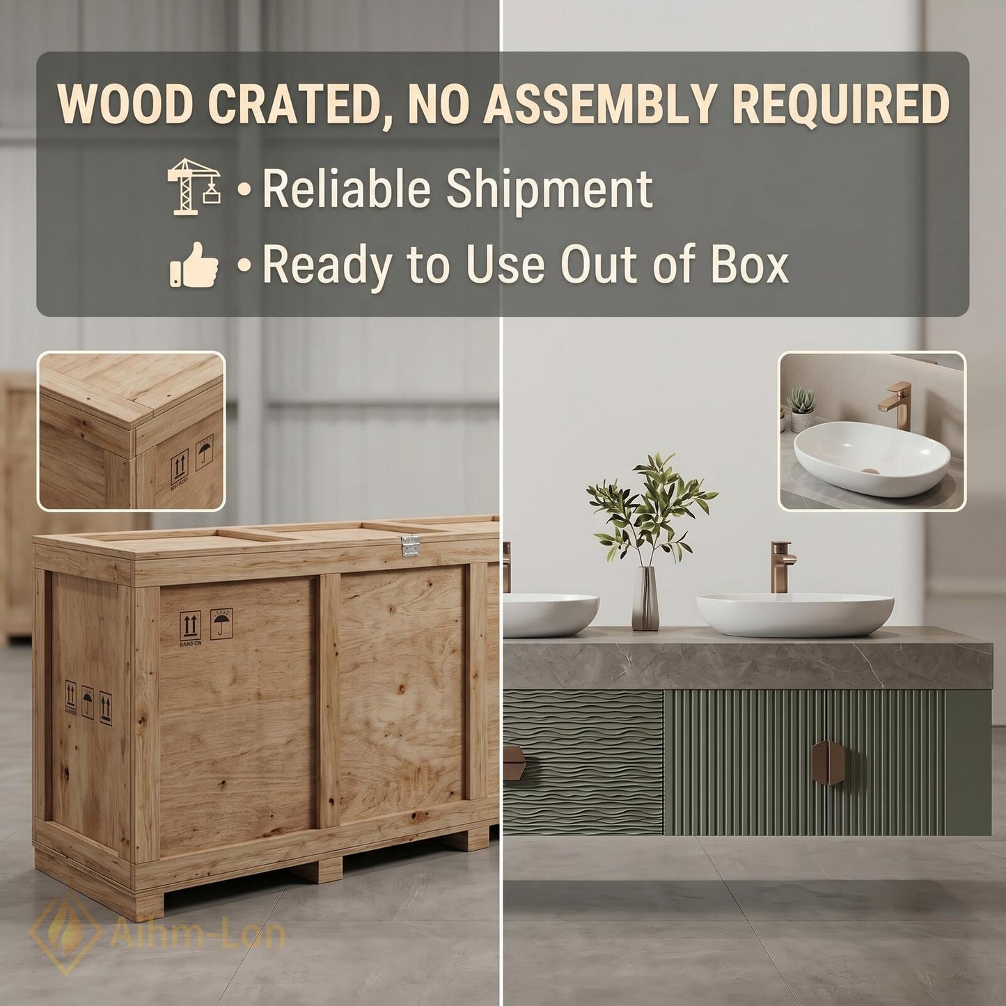 78''-96'' Triple Bathroom Vanity with Sink Sage-Green Floating Fluted Recessed Basin Panels