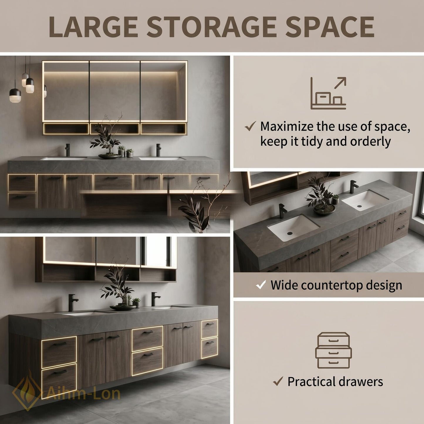 70''-96'' Modern Double Floating Bathroom Vanity with Sink Dark Center Slatted Panel