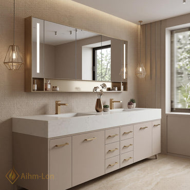 60''-96'' Double Bathroom Vanity with Sink Modern Matte Beige Finish Solid Leg
