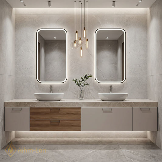 70''-96'' Double Bathroom Vanity with Sink Floating Mirror-Cabinet Design Marble Pattern Top