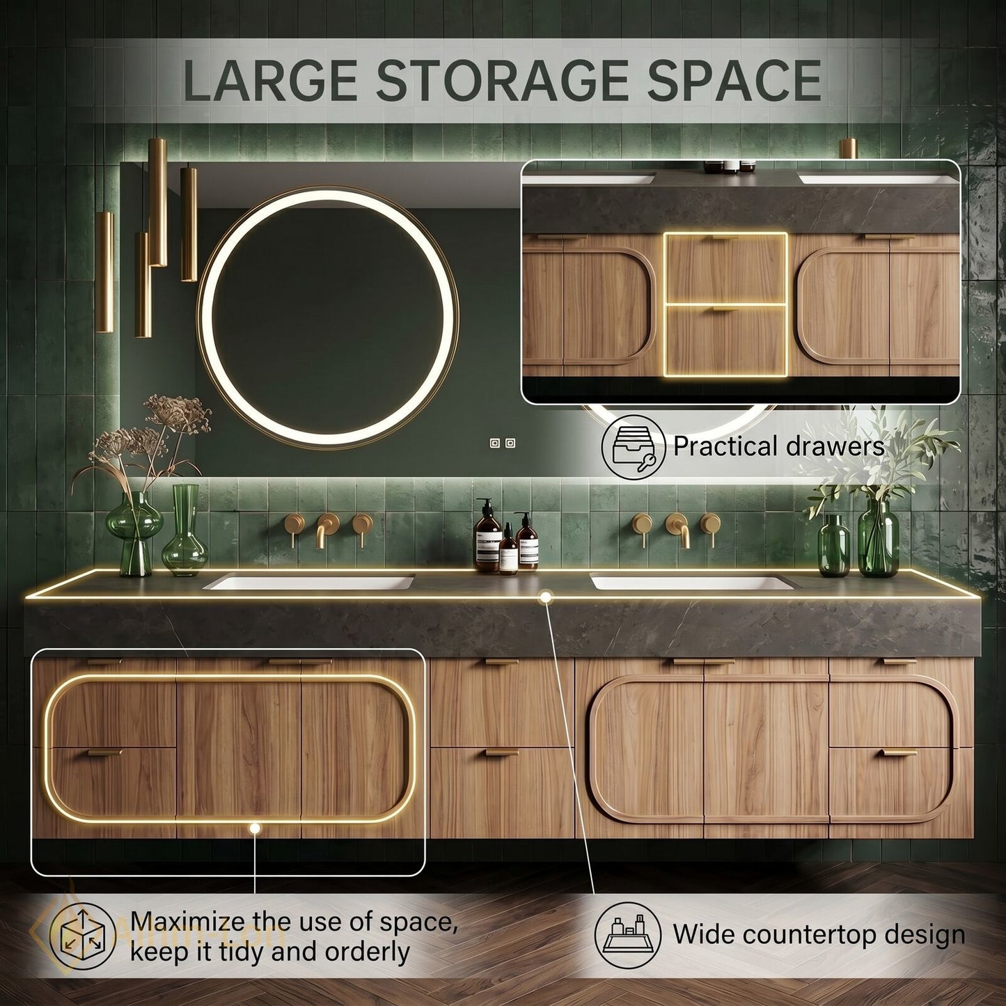 76''-96'' Double Bathroom Vanity with Sink Floating Stone-Top Dark Rounded Doors Design