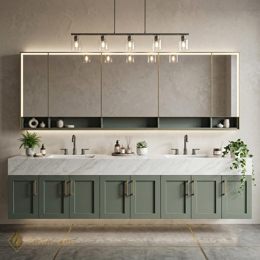 78''-96'' Double Bathroom Vanity with Sink Sage Green Modern Floating Panels Marble