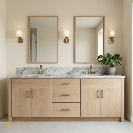 70''-96'' Modern Bathroom Vanity with Sink Light Wood Marble Brass Multi-Drawer Cabinet