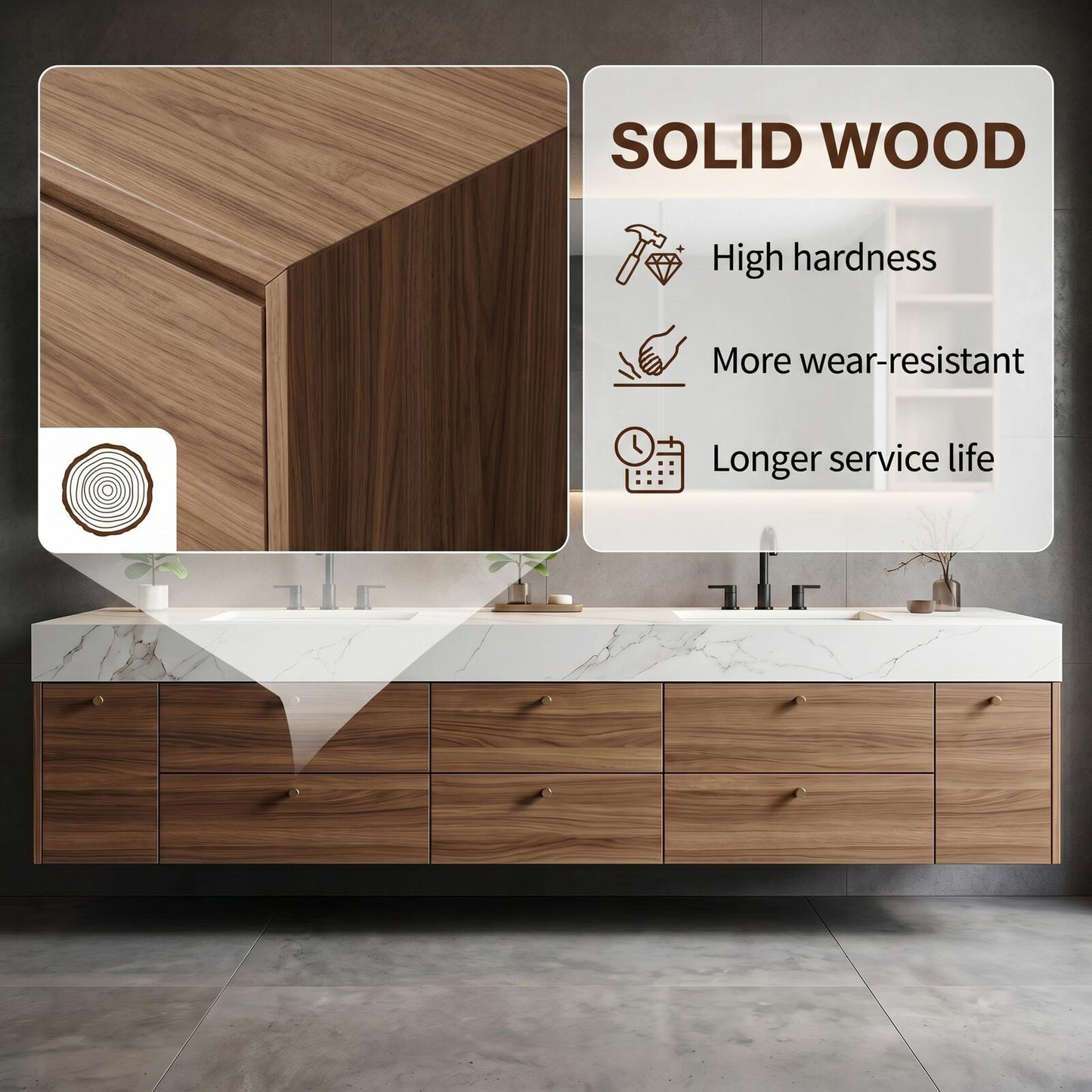 70''-96'' Floating Bathroom Vanity with Sink Double Sink Warm Wood Grain Marble Top Cabinet