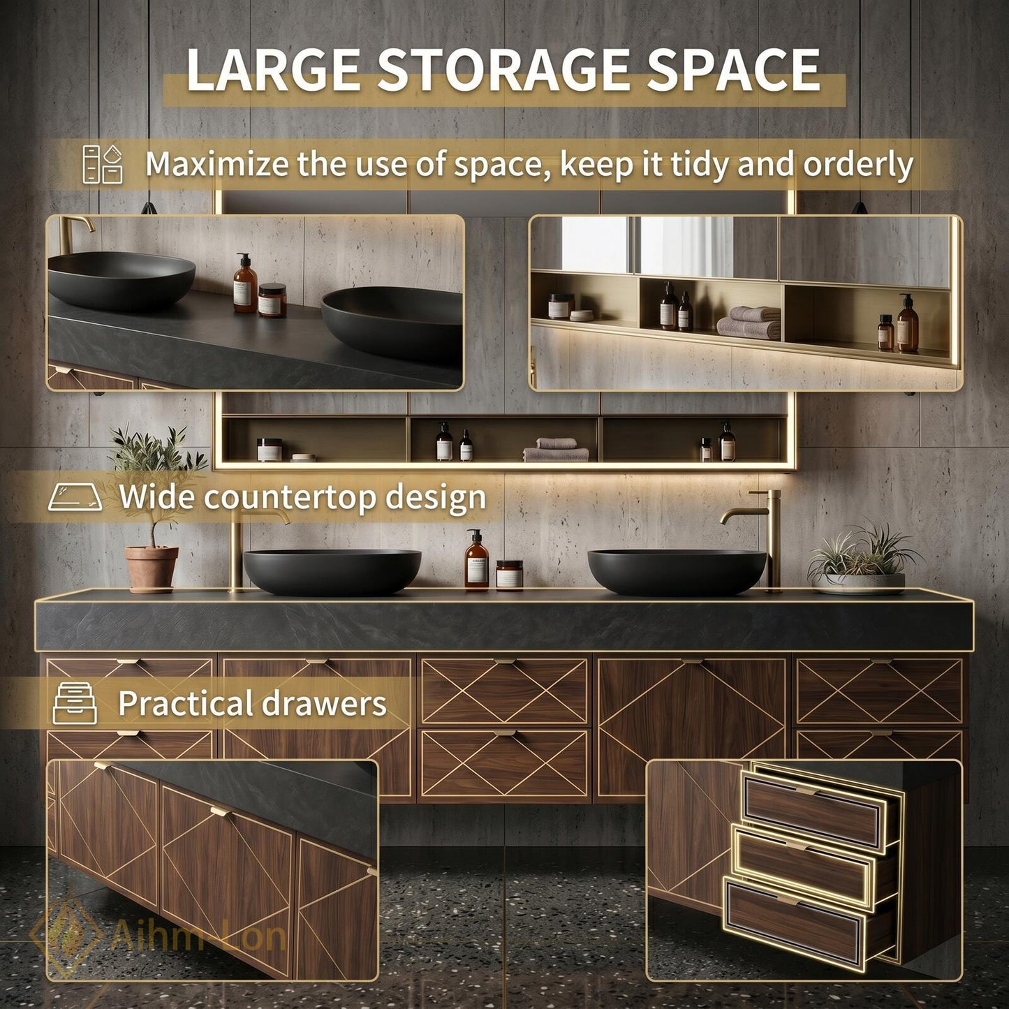 72''-96'' Double Bathroom Vanity with Sink Dark Modern Floating Stone-Top Basins