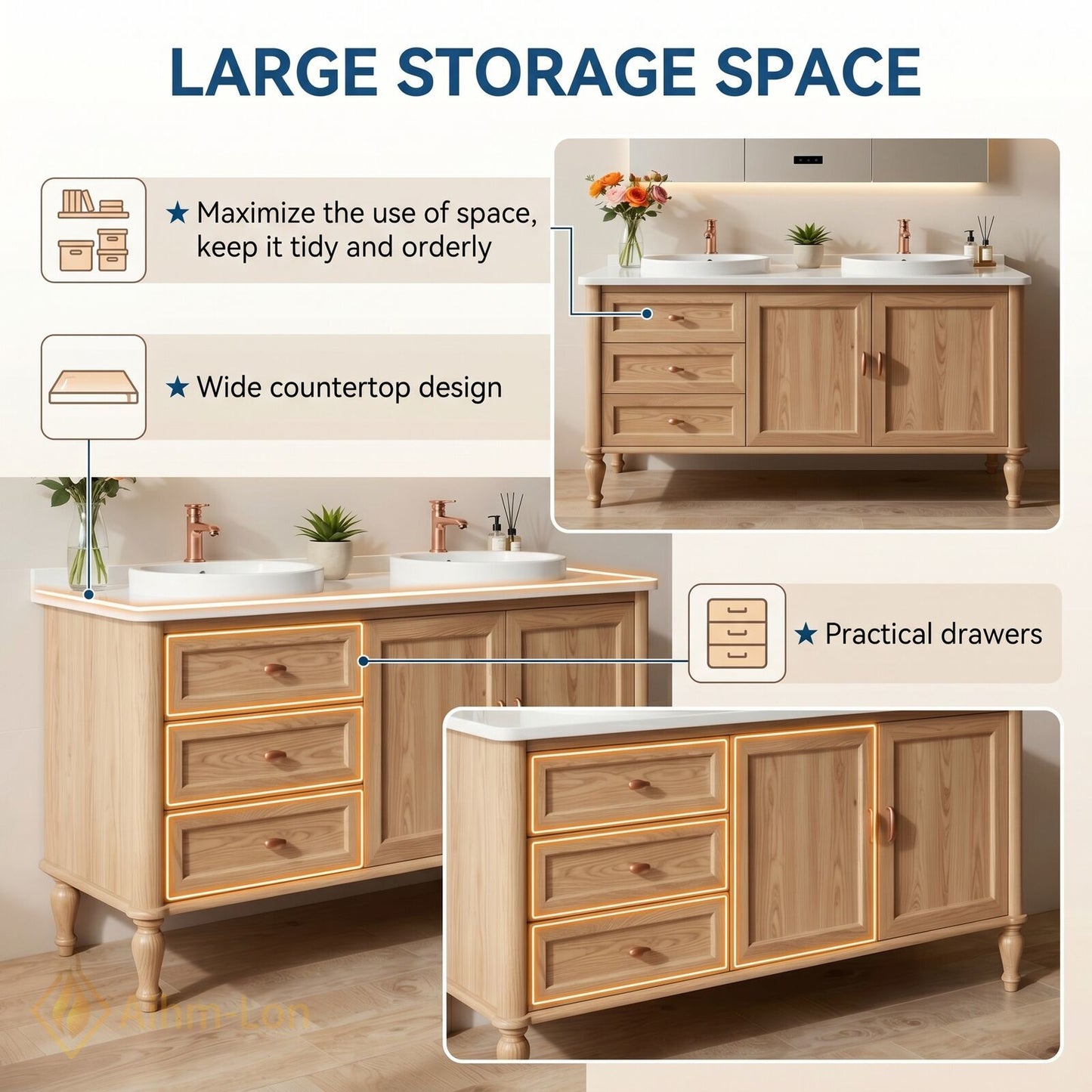 60''-96'' Modern Bathroom Vanity with Sink Light Wood Grain Vessel Sinks Anti-Fog Mirror
