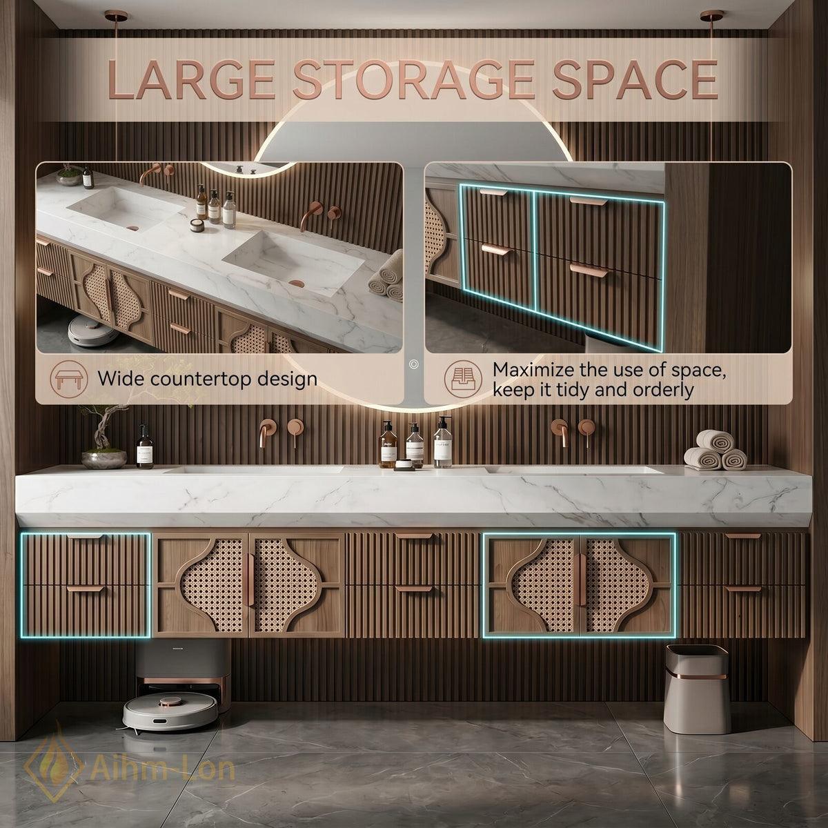 76''-96'' Double Bathroom Vanity with Sink Open Weave Panels Wood Grain Finish