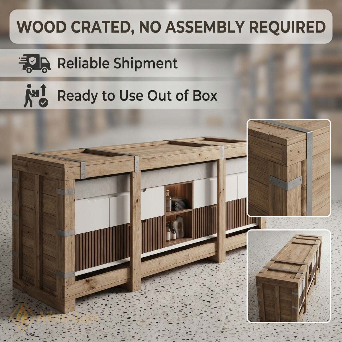 76''-96'' Double Bathroom Vanity with Sink Concrete Top Slatted Base Open Shelving