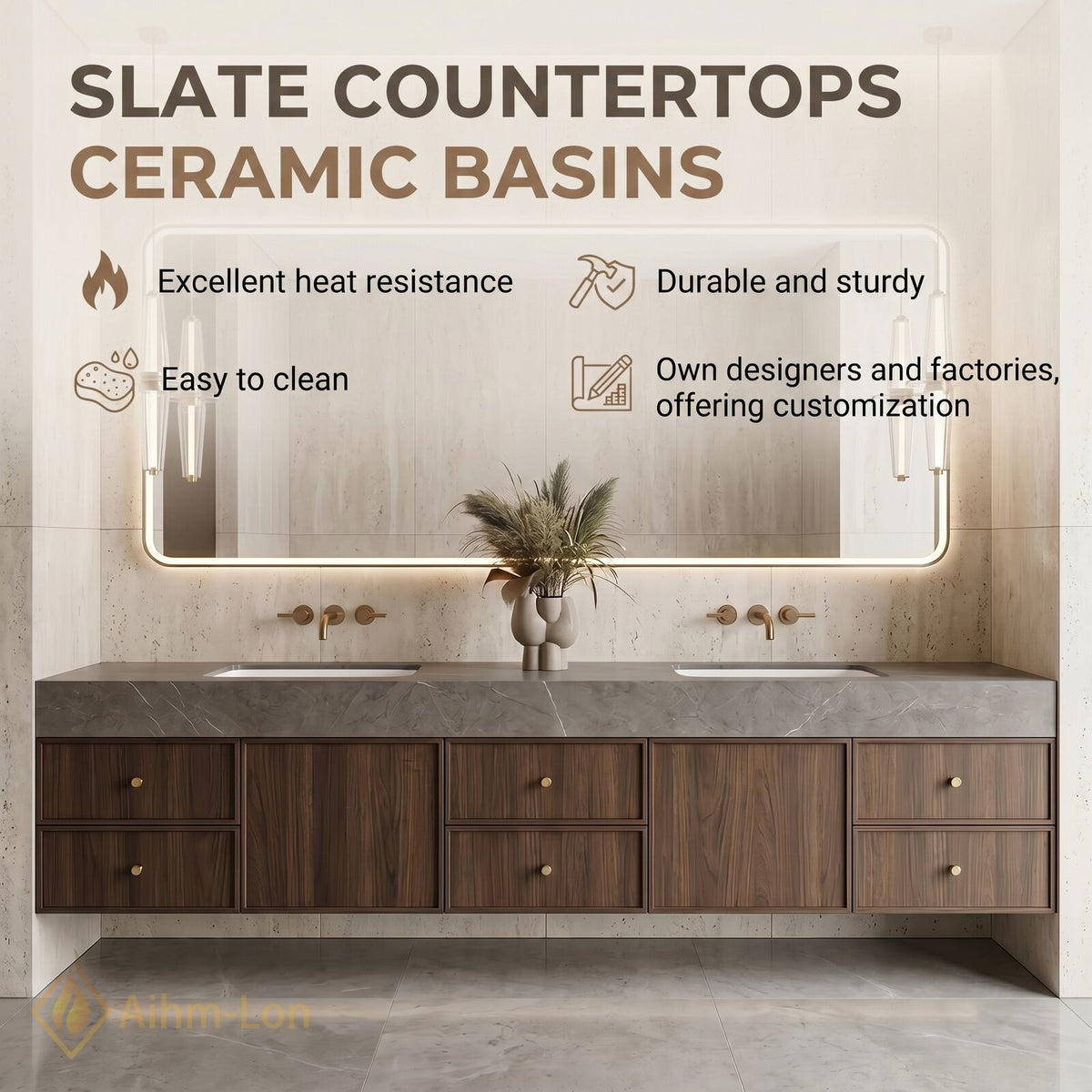60''-96'' Double Bathroom Vanity with Sink Dark Walnut Slatted Center Deep Drawers