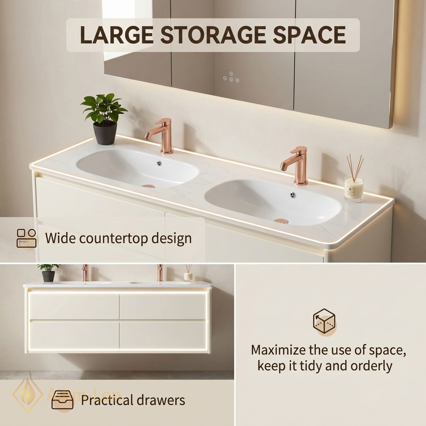 60''-96'' Modern Bathroom Vanity with Sink Floating Matte White Anti-Fog Mirror Drawers