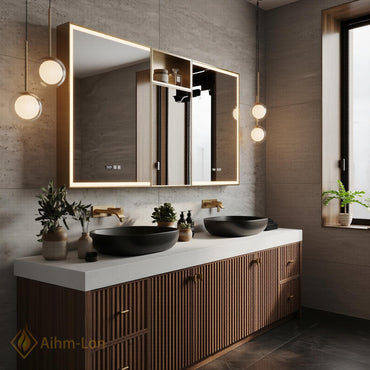 70''-96'' Double Bathroom Vanity with Sink Vertical Slatted Doors Fluted Walnut Finish