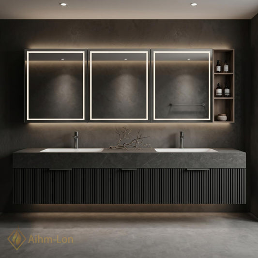 60''-96'' Double Bathroom Vanity with Sink Floating Slatted Matte Grey Stone Top