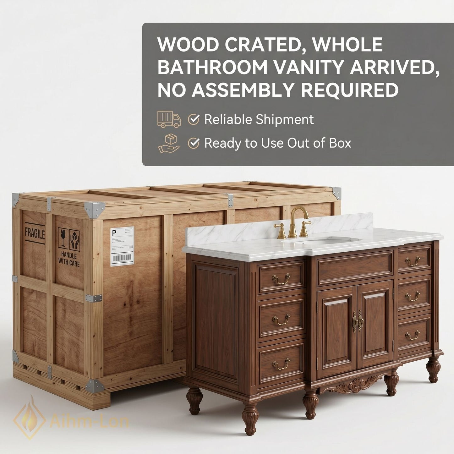 50''-64'' Elegant Bathroom Vanity with Sink Classic Carved Marble Drawers Wood Cabinet