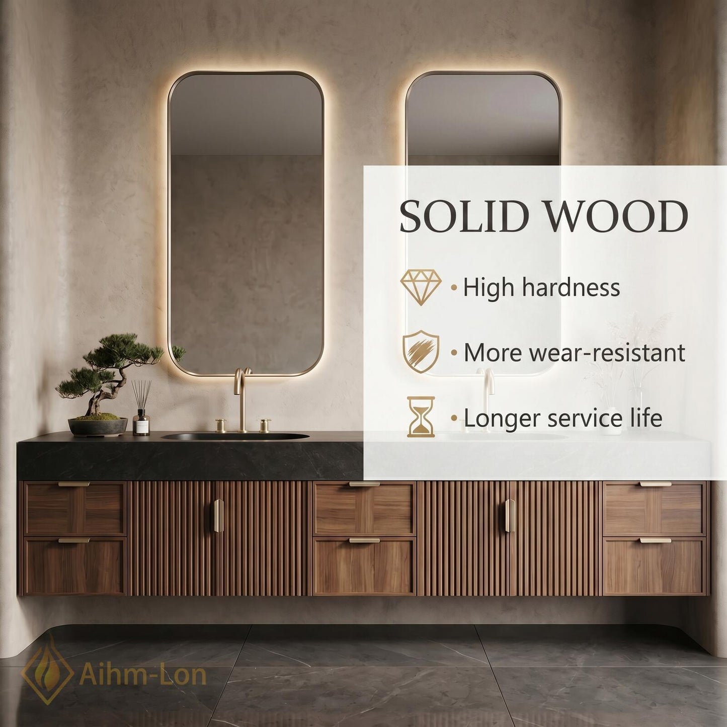 76''-96'' Double Bathroom Vanity with Sink Dark-Wood Modern Floating Stone-Top