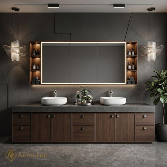 76''-96'' Modern Double Bathroom Vanity with Sink Dark Wood Stone Top Cabinet