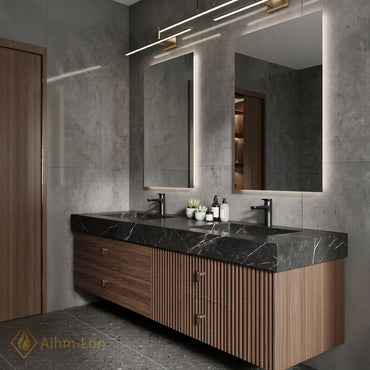 60''-96'' Double Bathroom Vanity with Sink Slat-Front Lower Cabinet Wall-Mounted Slat Dark