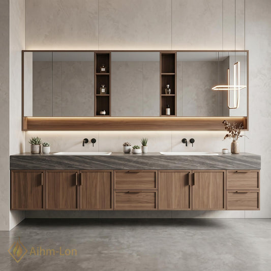 76''-96'' Modern Floating Bathroom Vanity with Sink Warm Wood Grain Wide Counter