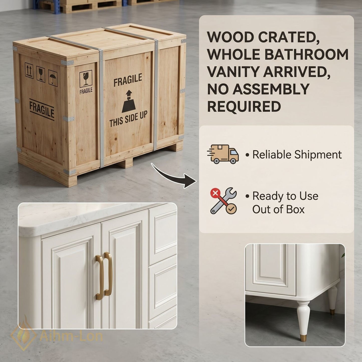 40''-64'' Modern Bathroom Vanity with Sink White Marble Gold Legs Central Drawers