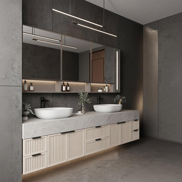 60''-96'' Double Bathroom Vanity with Sink Modern Floating Cream Slatted Doors Dual Basins