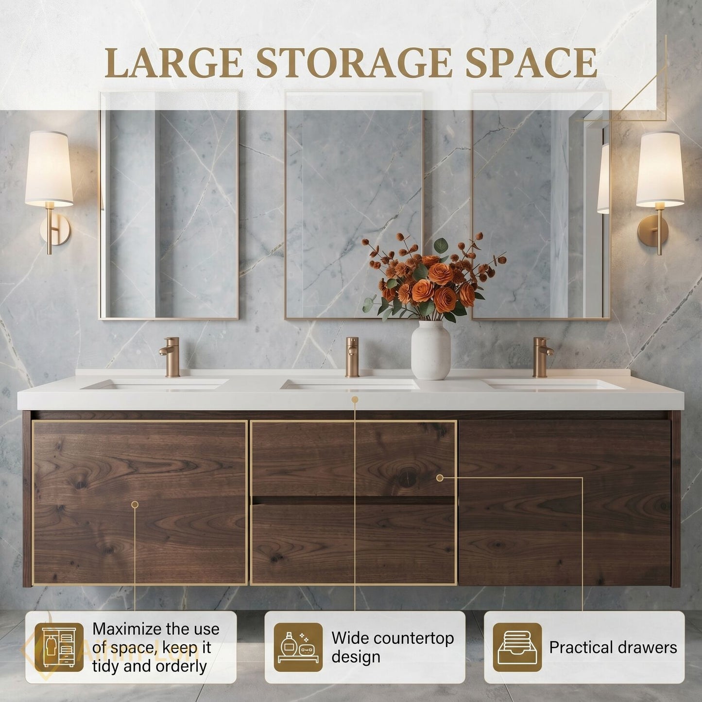 78''-96'' Modern Bathroom Vanity with Sink Wood Marble Drawers Spacious Mirror Cabinet