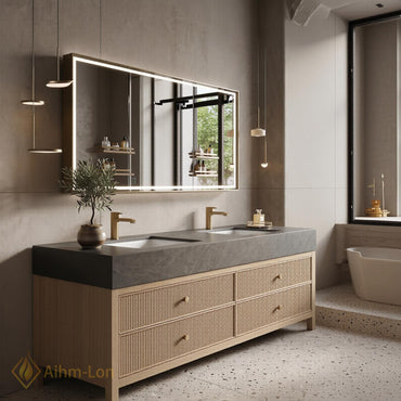 60''-96'' Modern Double Bathroom Vanity with Sink Light Wood Fluted Drawer Fronts