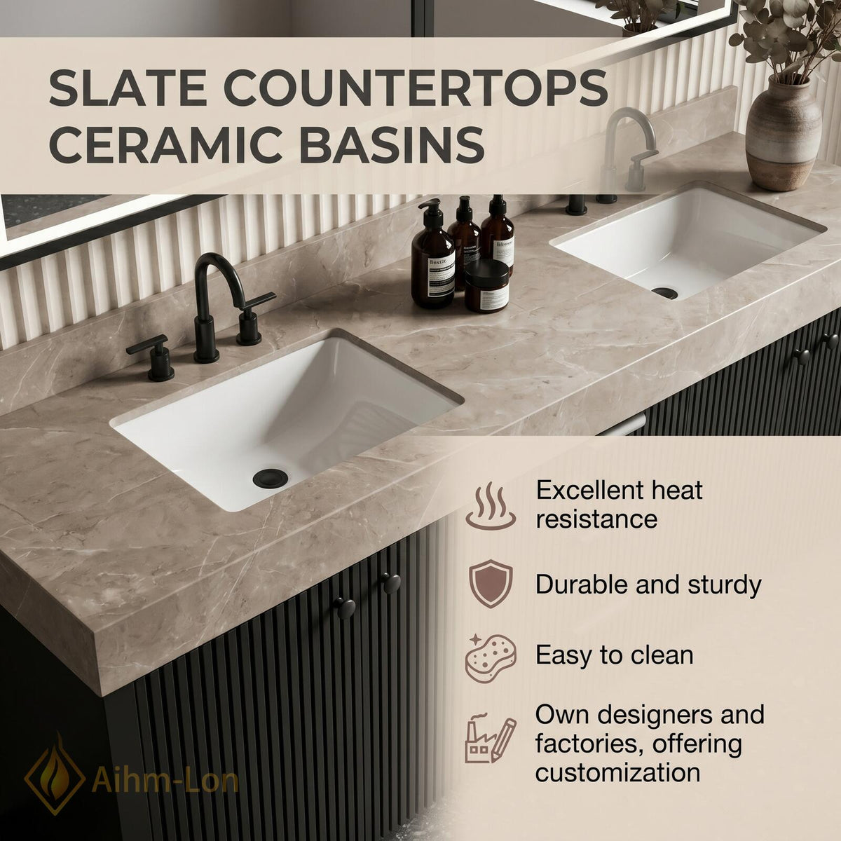 60''-96'' Double Bathroom Vanity with Sink Slatted Front Panel Stone Effect Top