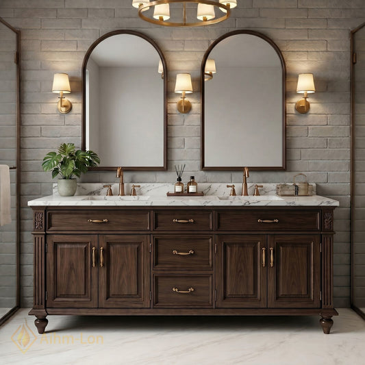 76''-96'' Classic Bathroom Vanity with Sink Carved Wood Dark Marble Arched Mirrors