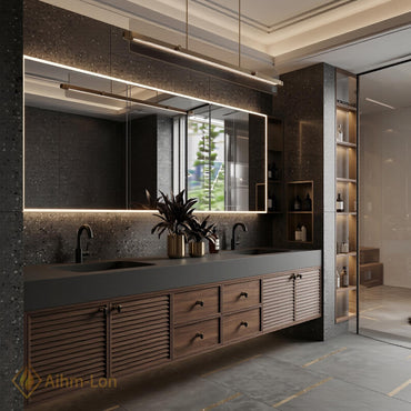60''-96'' Double Bathroom Vanity with Sink Modern Floating Dark Walnut Slatted Panel