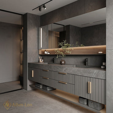 76''-96'' Double Bathroom Vanity with Sink Vertical Slatted Door Panels Dark Grey