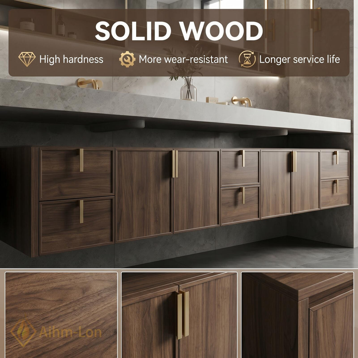 80''-96'' Double Bathroom Vanity with Sink Floating Double Walnut Finish Modern
