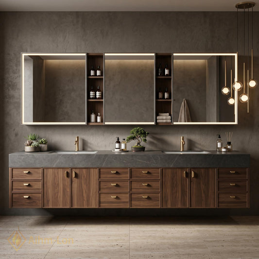 76''-96'' Modern Double Bathroom Vanity with Sink Dark Walnut Stone Top Shelving