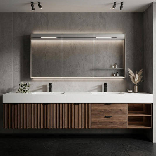 60''-96'' Modern Bathroom Vanity with Sink Double Sink Slatted Wood Front Solid Drawers Cabinet
